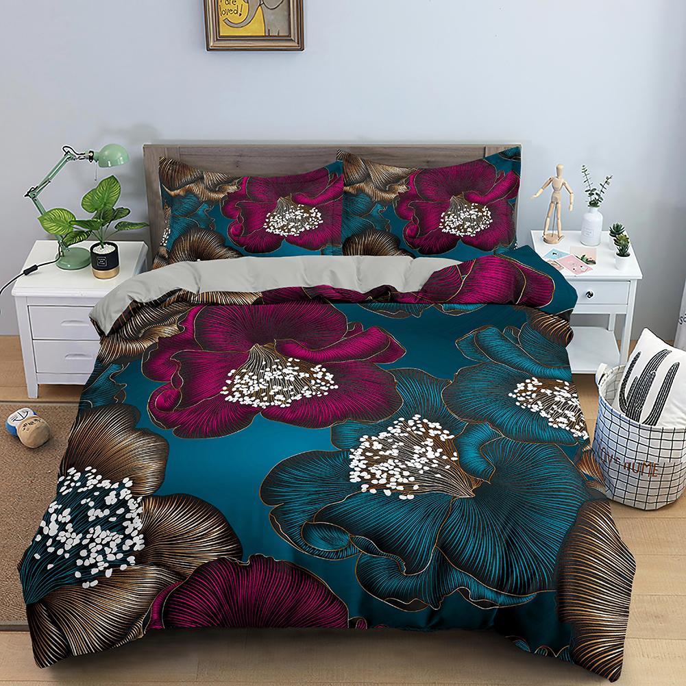 Тропические цветы King Queen Комплект постельного белья Красочный винтажный цветочный пододеяльник Зеленые листья Покрывало из полиэстера Покрывало