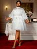 White Button Up Mini Dress with Belted Waist Puff Sleeves and Lace Trim Perfect for Casual Gatherings Parties and Weekend Outings