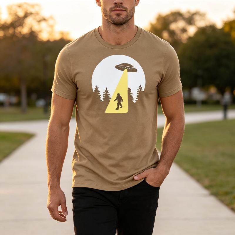 Unisexs UFO Sasquatch Bigfoot T Shirt Alien Moon Forest Graphic Tee Casual Cotton Short Sleeve For Outdoor And Sci Fi Fans