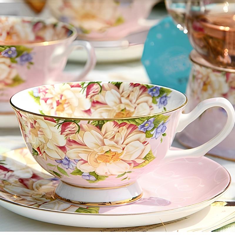 Цветочные кофейные чашки и блюдца с ложкой, 170 мл, фарфоровая чашка с золотой отделкой для капучино, латте, чайные чашки из костяного фарфора для вечеринки, послеобеденного чая