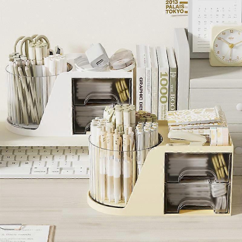 Rotating Desk Organizer with 2 Drawer, Pencil Pen Holder for Desk