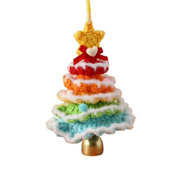 Handmade Mini Knitted Christmas Tree Ornament Multi-Layered Crochet Snow Flocked Tree with Gold Bells And Star Top for Christmas Home Decor