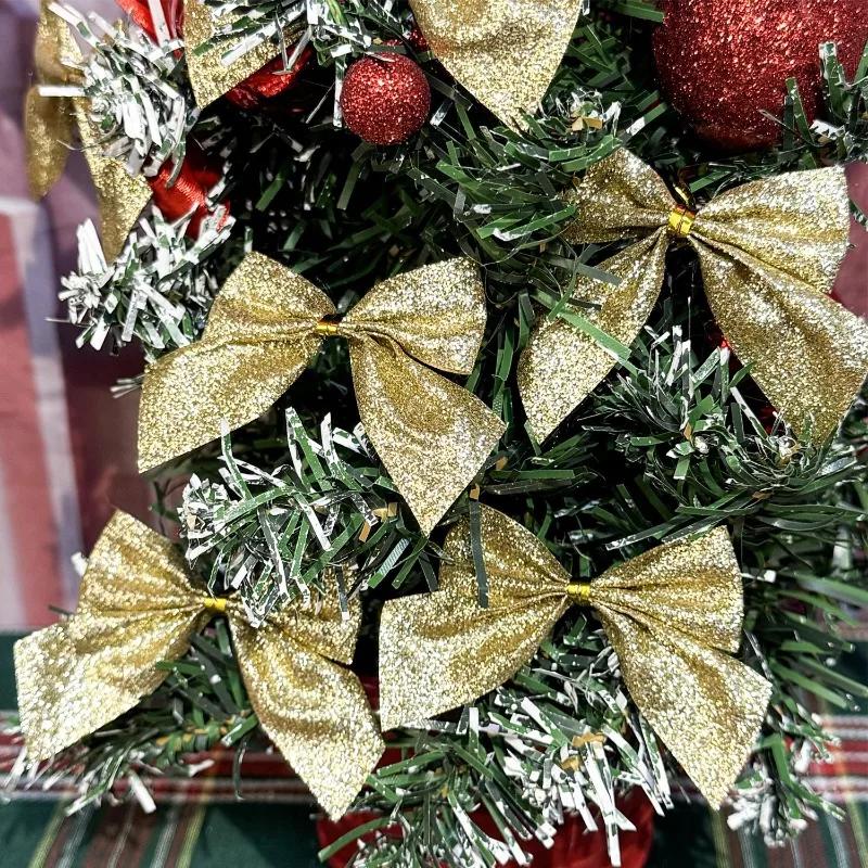 60/12PCS Glitter Christmas Bow Red Gold Mini Bowknot Xmas Tree Pendant New Year Party Home Ornaments DIY Gift Box Decor Supplies