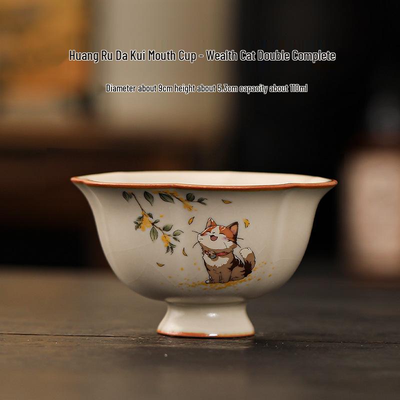 Бежевая фарфоровая пиала для чая с котенком (Ware): Керамическая дегустационная чашка Кунг-фу для личного использования