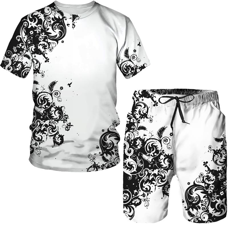 Мужские футболки и шорты, комплект, модный золотой узор, роскошный спортивный костюм с цветочным 3D принтом, повседневная уличная одежда, мужской костюм