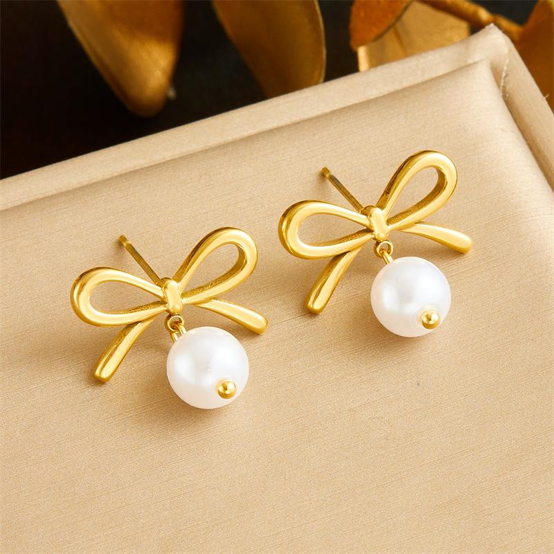 316L Stainless Steel Pearl Bowknot Chain Tassel Necklace Earrings Set For Women Lady Fashion New Jewelry Party Wedding Gifts