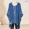 Women Plus Size Round Neck Batwing Sleeve Loose Cat Moon Printed Top Blue Beige Side Slit