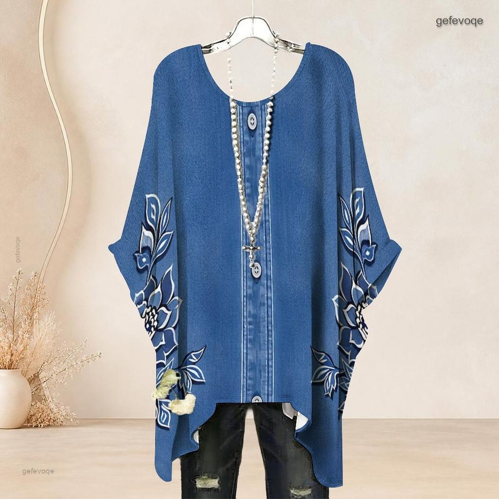 Women Plus Size Round Neck Batwing Sleeve Loose Cat Moon Printed Top Blue Beige Side Slit