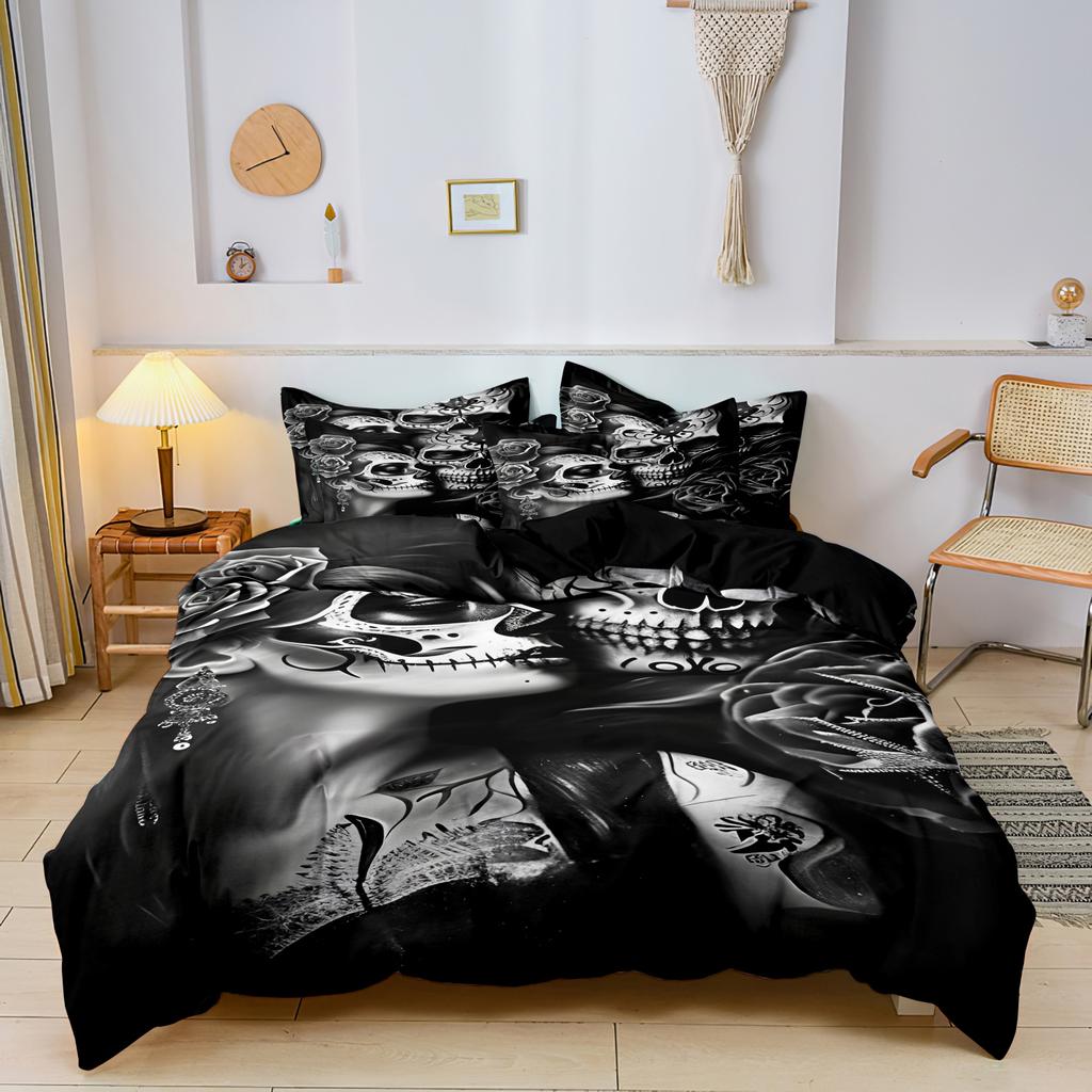 3 предмета Готический мексиканский сахарный череп Женщина Пододеяльник Постельное белье Цветочные и черепные узоры - Идеально для празднования Дня мертвых