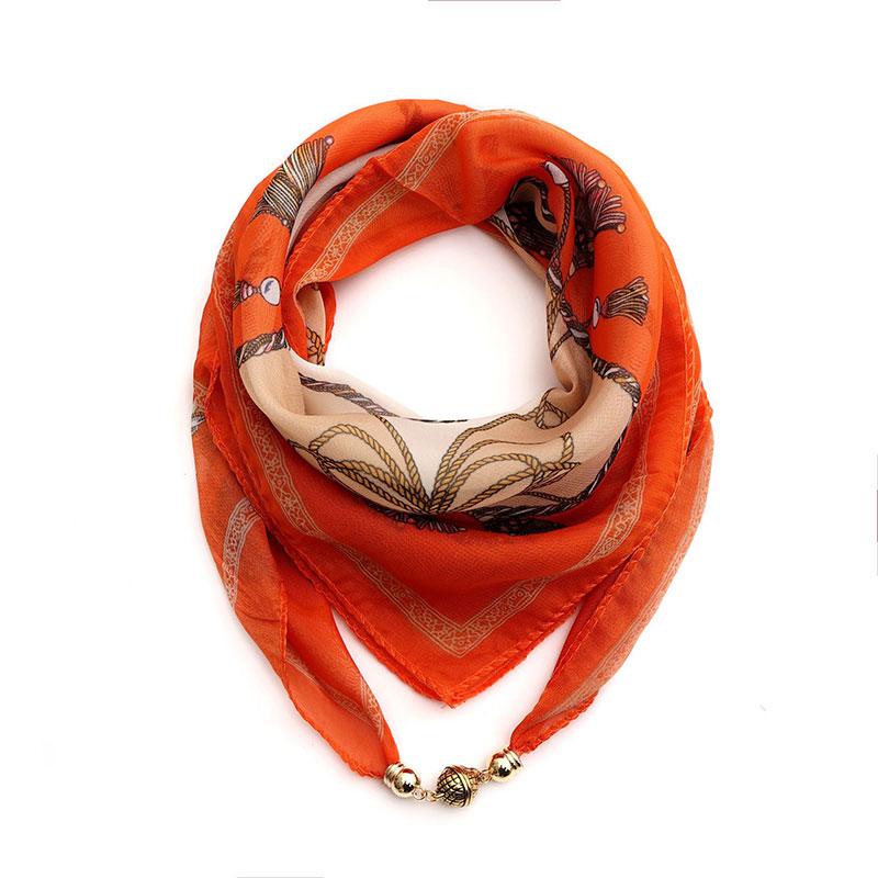Women Necklace Accessories Chiffon Silk Scarf Magnetic Buckle Necklace Pendant Printed