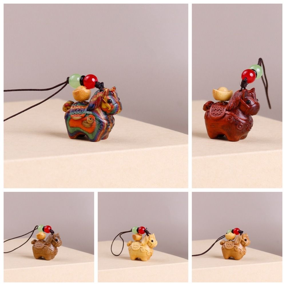 Mini Zodiac Horse Pendant Chinese Style Green Sandalwood Phone Chain Wooden Horse Keychain Friends