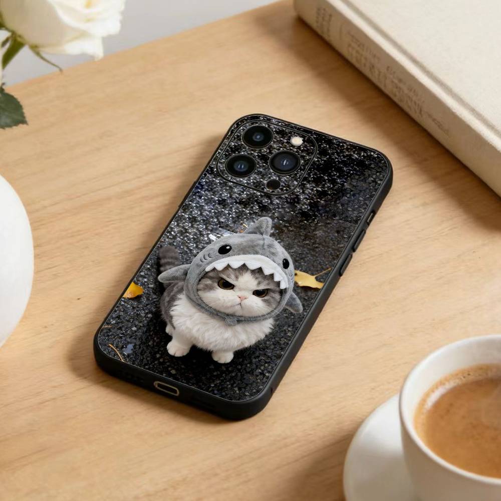 Забавный Милый Кот Чехол для Телефона Для iPhone 17 16 15 14 13 12 Max Plus Силиконовый Черный Чехол