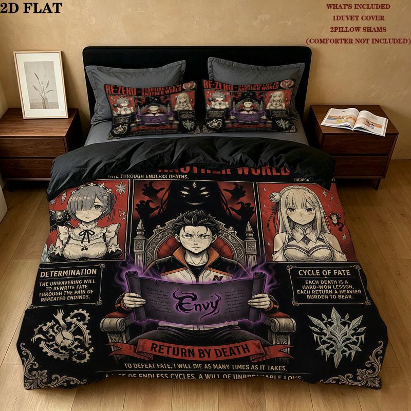 Re Zero Pattern Bedding Quilt Set Quilt Cover Pillowcase Home Birthday Gift(1 * duvet cover + 2 * pillowcase, without core)