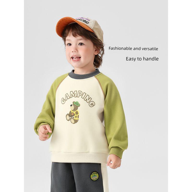 Right European Style Boys' Raglan Sleeve Cartoon Fleece-Lined Thickened Crew Neck Sweatshirt Winter Clothing Baby Toddler Thickened Warm Top Trendy