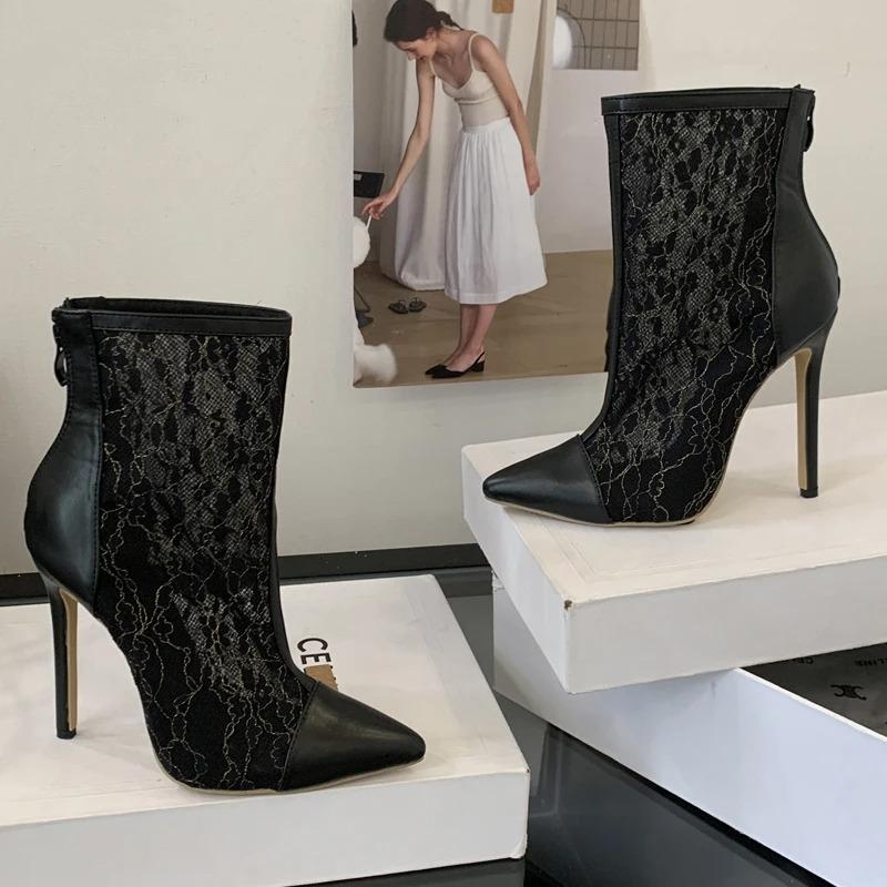 Eilyken Сексуальные тонкие высокие каблуки Женские ботильоны до щиколотки Дизайнерские сетчатые ботильоны на молнии Весенне-осенние Ботильоны Уличный стиль Обувь для стриптиза
