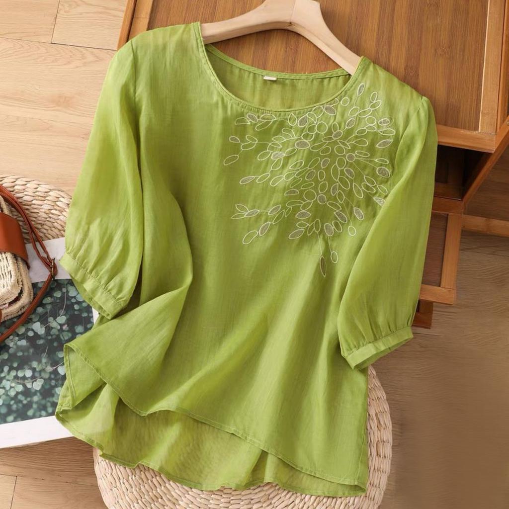 Women's Solid Color Cotton And Linen Short-sleeved Embroidered Retro Breathable T-shirt Round Neck Top