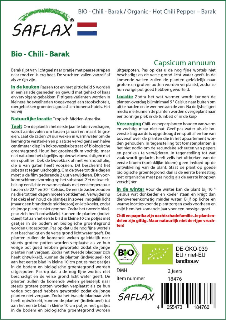 SAFLAX Garden in the Bag - Органический - Острый перец чили - Барак - 15 семян - С субстратом в подходящем пакете - Capsicum annuum
