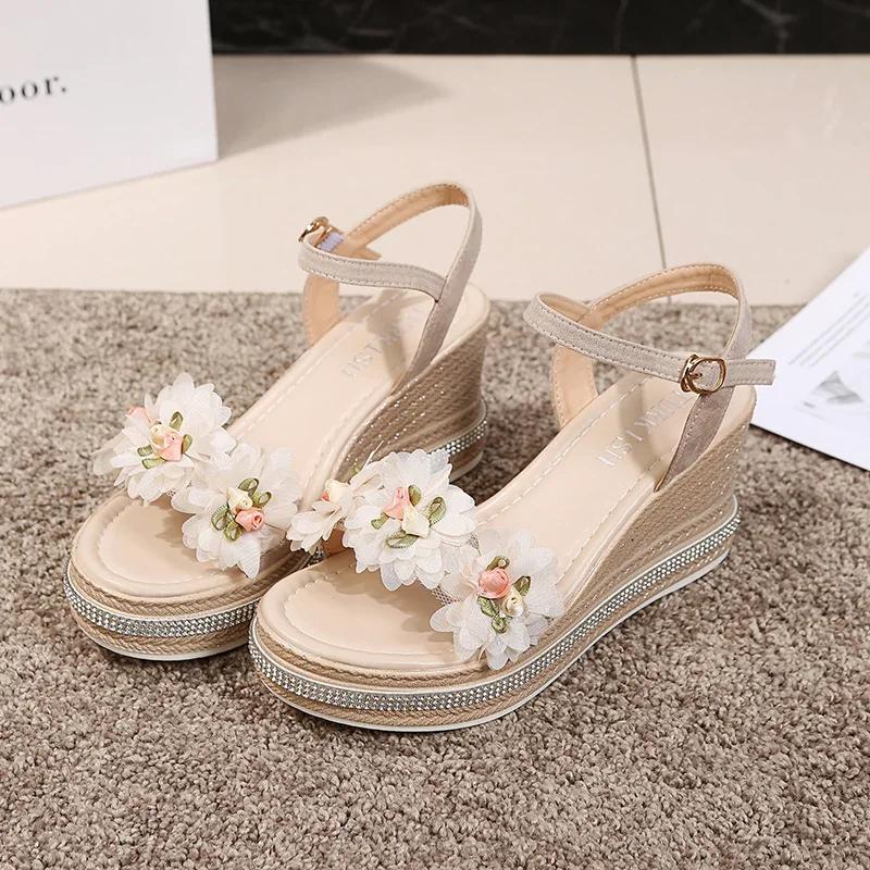 New Female Ankle Strap Buckle Rhinestone Crystal Sandals  Summer Women Round Toe High Heels Fashion Ladies Wedges Shoes Gold