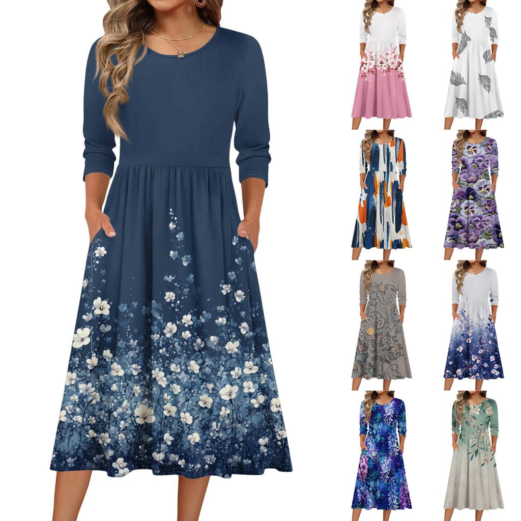 3/4 Sleeve Women's Dress Casual Flowy A-Line Midi Tshirt Dresses With Pockets Crewneck Vocation Boho Beach Sundress