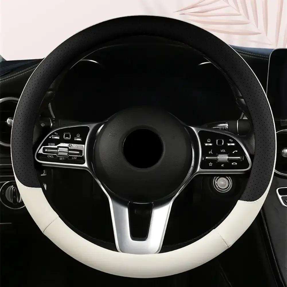Perforated Nappa Leather Car Steering Wheel Cover Warm In Winter Cool In Summer Non-slip PU Leather Auto For 38cm Steering Wheel