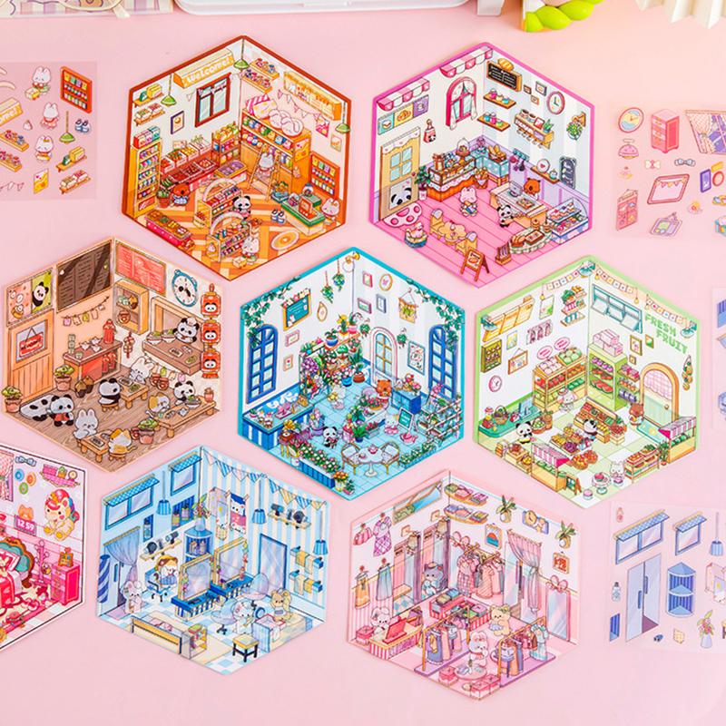 4 Набора Мультяшные Кавайные Миниатюрные Сцены Визуальные Наклейки для Складывания Миниатюрные 3D Наклейки со Сценами Пейзажей Наклейки для Рукоделия