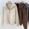 Solid Color Double Zipper Turn-down Collar Sweater Women Autumn Winter Loose Knitted Cardigan Women Top