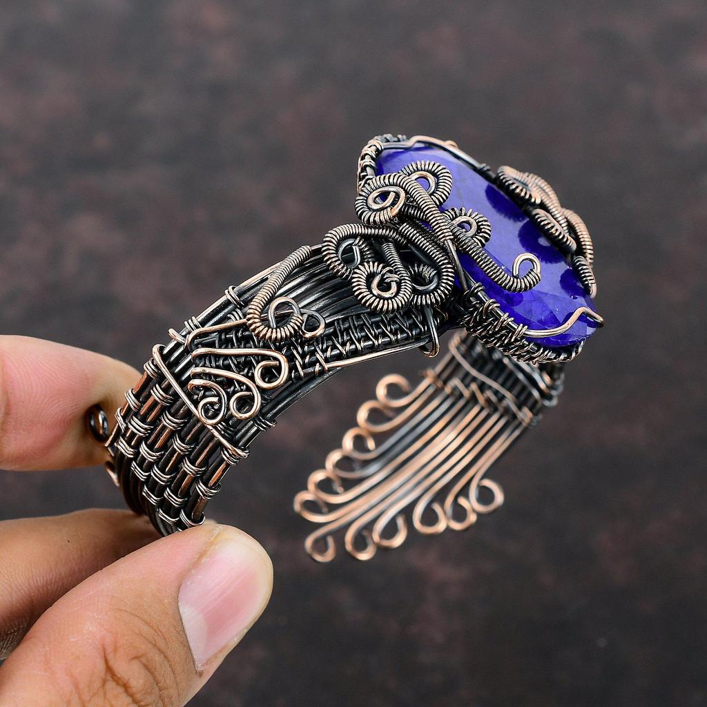 Браслет-манжета с граненым синим сапфиром, регулируемый браслет с медной проволокой, ювелирные изделия ручной работы, браслет с драгоценными камнями, ювелирные изделия из медной проволоки, подарок для нее