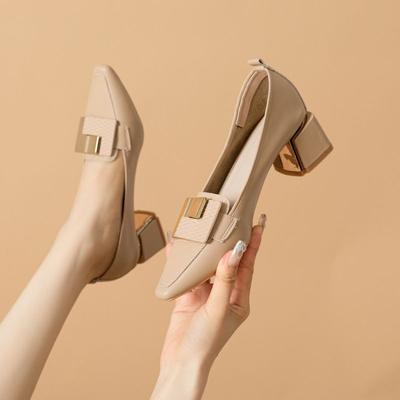 Зеленые туфли на среднем каблуке для женщин 2025 Черная модная кожаная повседневная офисная женская летняя обувь Социальная стильная обувь