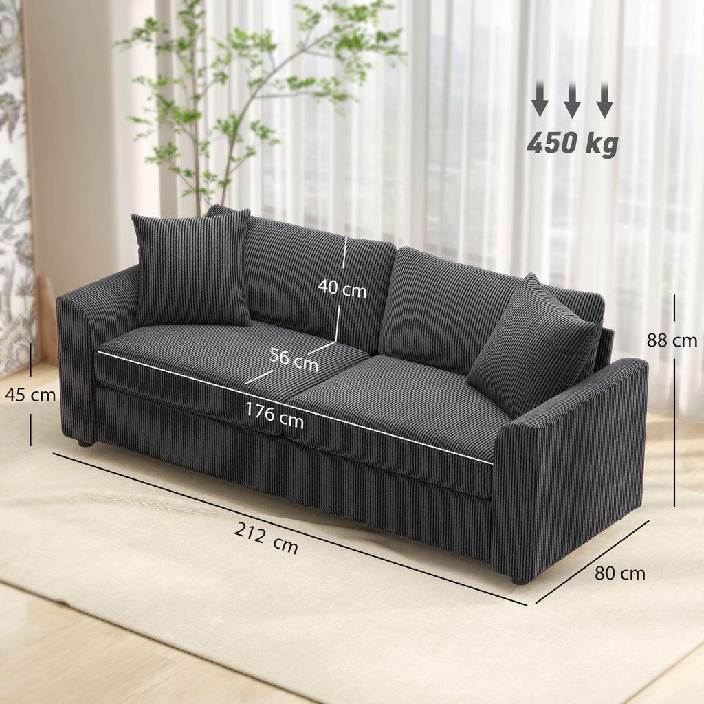 3-Seater Sofa with Decorative Cushions, Corduroy Sofa for Living Room, Bedroom, 212 cm Wide, Dark Gray