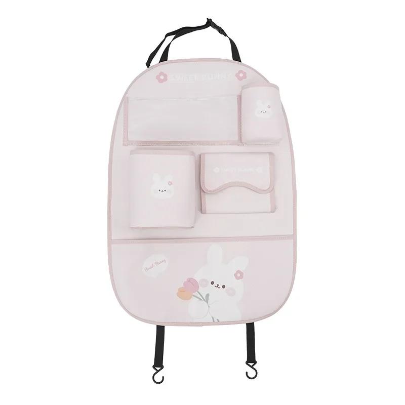 Сумка для хранения на спинку сиденья автомобиля, милый мультяшный кожаный многофункциональный органайзер на заднее сиденье автомобиля, подстаканник, держатель для салфеток, противоударный коврик