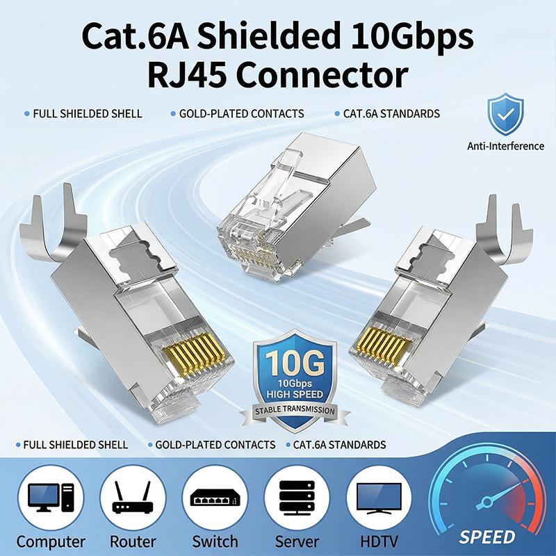 10Pcs Cat.6A shielded through-hole pure copper RJ45 modular plug, 10Gigabit transmission, compatible with Cat6 network cable