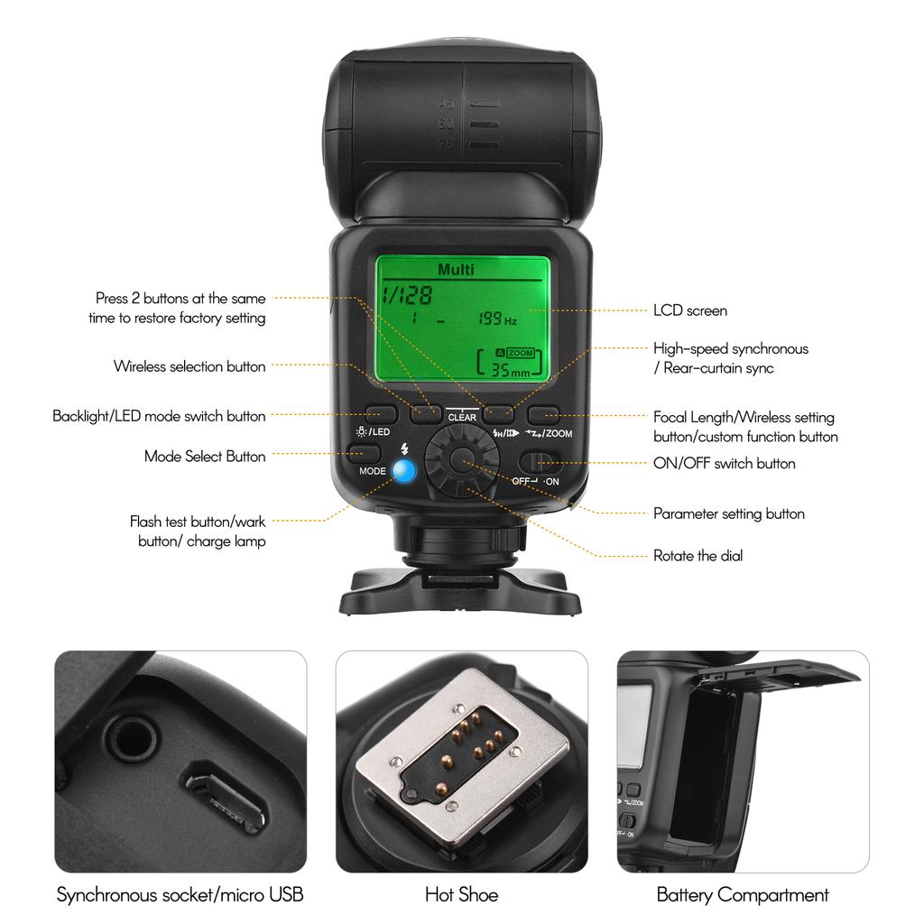 Universal Wireless TTL Flash Speedlite On-camera 2.4G Master/ Slave Speedlight Round Head 76Ws