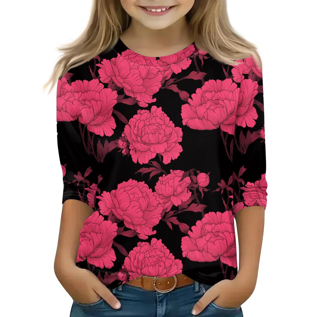 Print Tops For Youth Girls 5-16 Years Round Neck 3/4 Sleeves T-Shirts Trendy Tops Outfit Tees