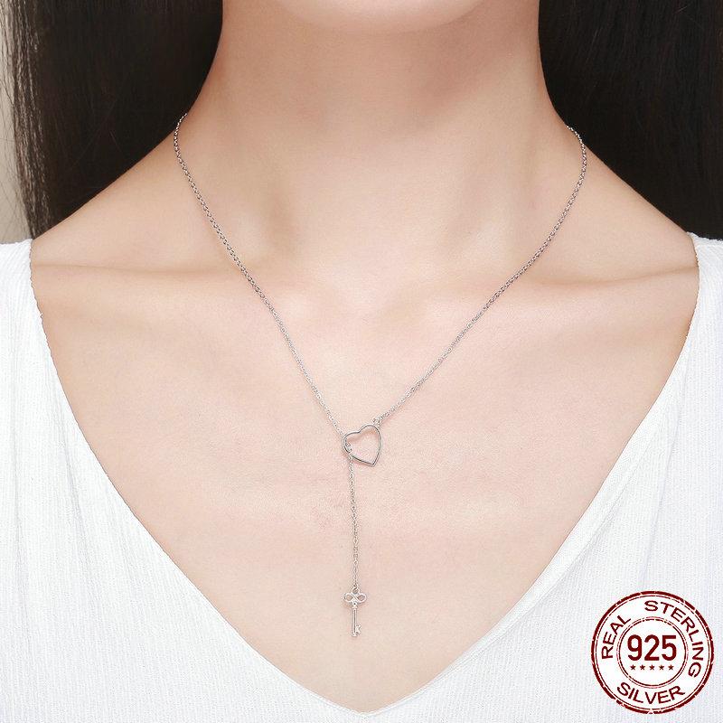 S925 Sterling Silver Sweet Key of Heart Lock Link Chain Necklaces & Pendants Women Luxury Sterling Silver Jewelry