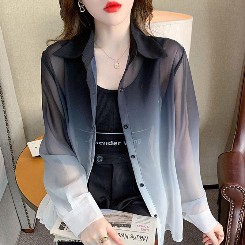 Летняя женская градиентная шифоновая рубашка женская рубашка с контрастным принтом Tie Dye солнцезащитные рубашки женские уличная блузка