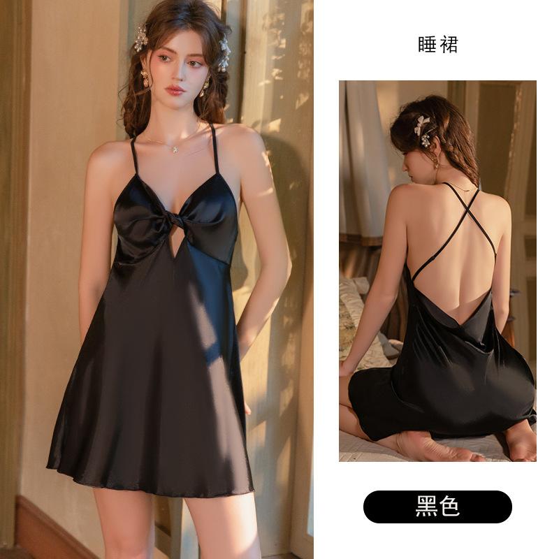 Women's Skin Friendly Silky Push Up Cutout Backless Cami Sleep Dress with Robe Lounge Set