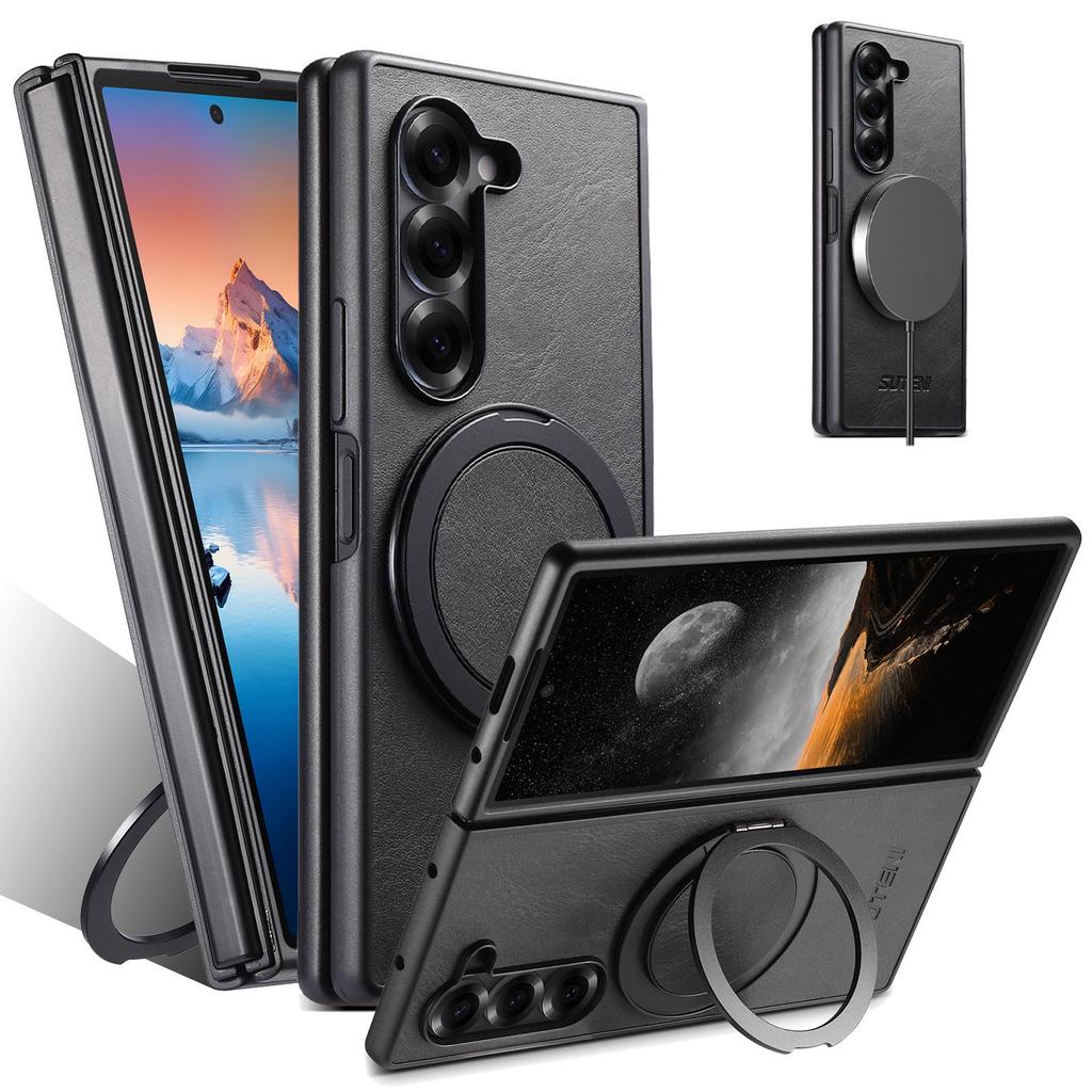 Кожаный чехол Samsung Z Fold7/6/5 с магнитной беспроводной зарядкой, вращающееся на 360° кольцо-подставка