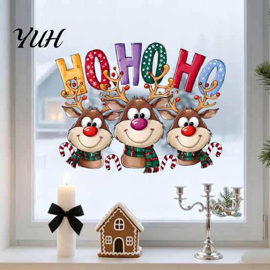Christmas Scene Settings Static Cling Window Stickers, Cartoon Reindeer HOHOHO Art Glass Decals, Reusable Film Festive Holiday Decor for Home Windows