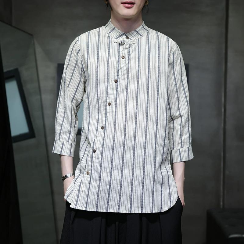 Мужская рубашка в полоску из конопли в китайском стиле, хлопково-льняной костюм Тан, одежда в стиле ханьфу в стиле ретро, топы в стиле Харадзюку, мужская одежда