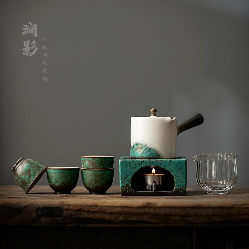Far mountain side pot warm tea kung fu tea set small set candle stove heating base teapot teacup indoor tea maker