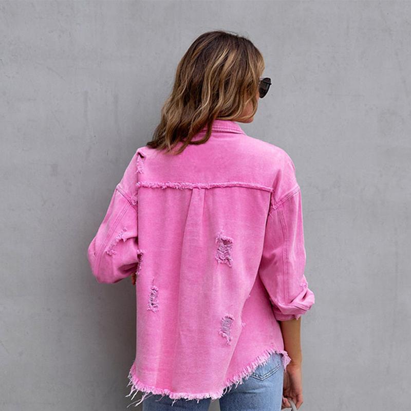 Женская джинсовая куртка средней длины с необработанными краями и отверстиями, осенне-зимняя, повседневная, с длинными рукавами и лацканами