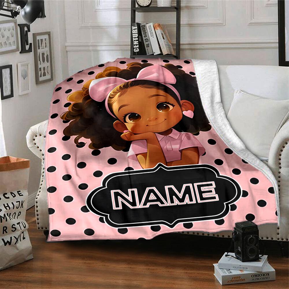 Happy Girl Bow Multi-purpose Customizable Blanket Personalized Text Durable Comfort Versatile for Sofa Couch Office Bed Picnics