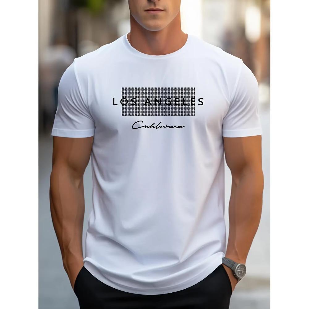 Men's Summer Loose Fit Large Los Angeles Graphic Printed Slim Fit Casual Sports Round Neck Short Sleeved T-shirt Top