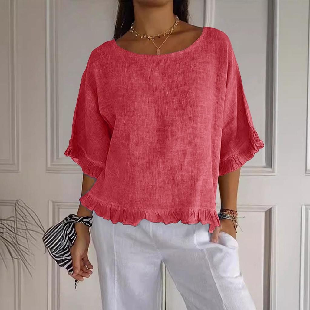 Women's' Fashion Solid Color Round Neck Short Sleeve Loose  Pullover Shirt Top