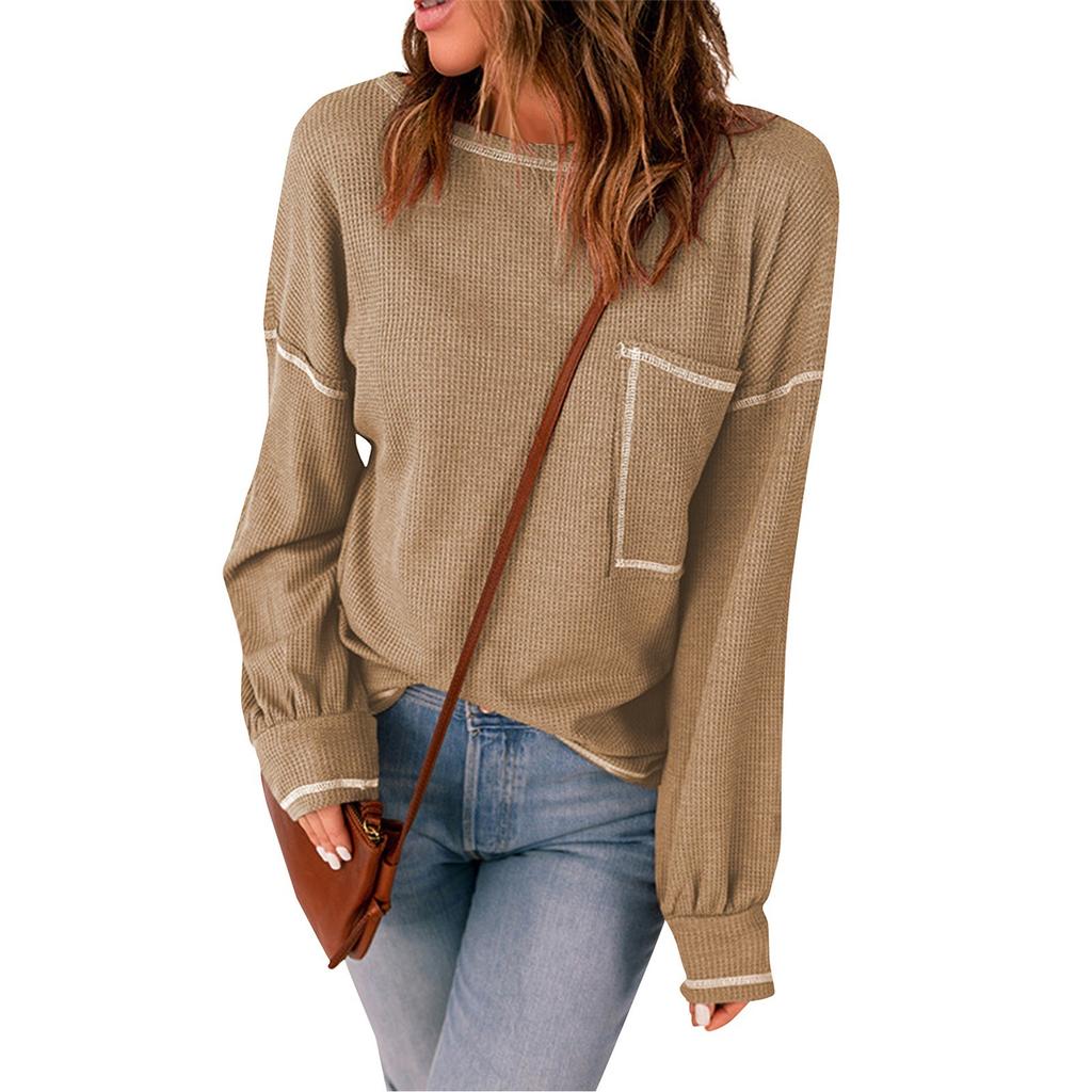 Женский однотонный осенний вязаный топ с длинными рукавами и карманами и круглым вырезом