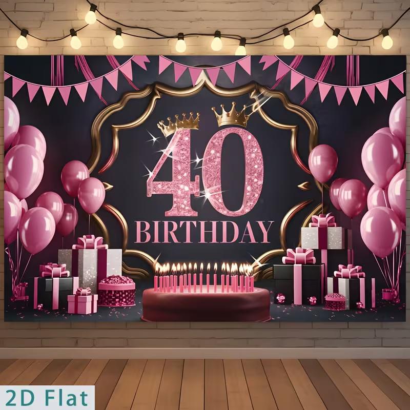 Двумерный фон для фотосъемки 40-го дня рождения Розово-черный фон с короной, шарами и тортом