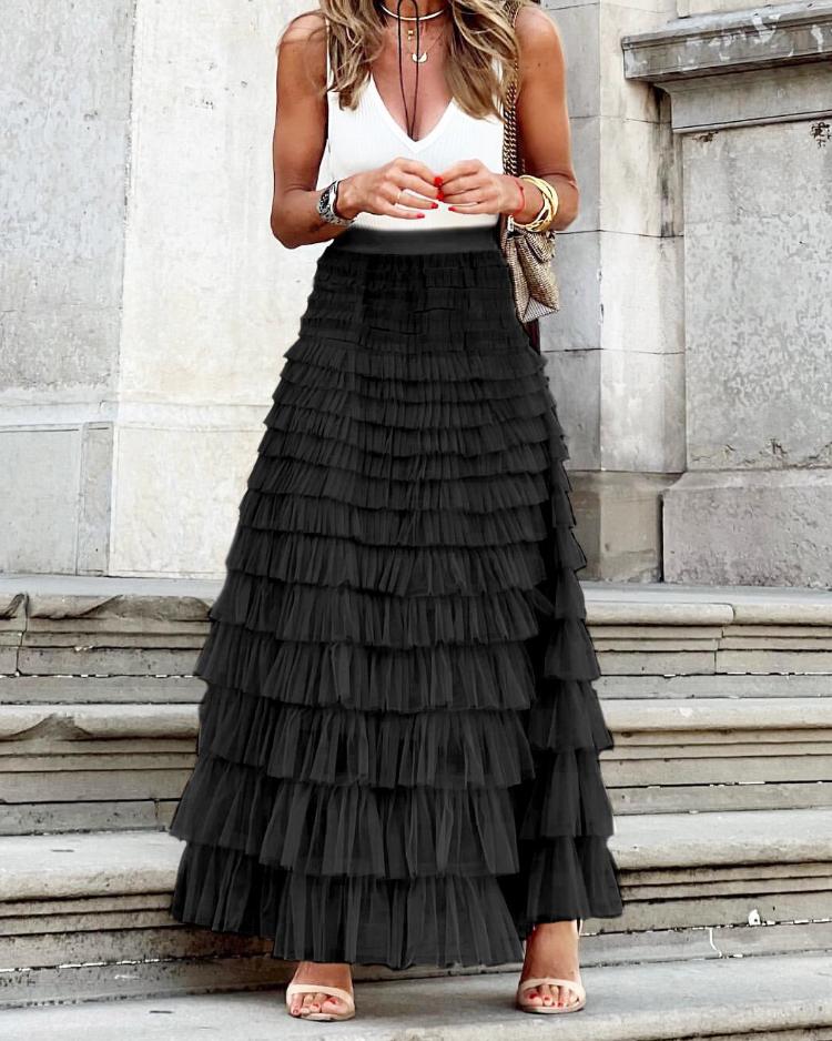 Однотонная многослойная сетчатая юбка с оборками, женская длинная юбка из тюля с высокой талией в стиле бохо, женская одежда для вечеринок на весну и лето