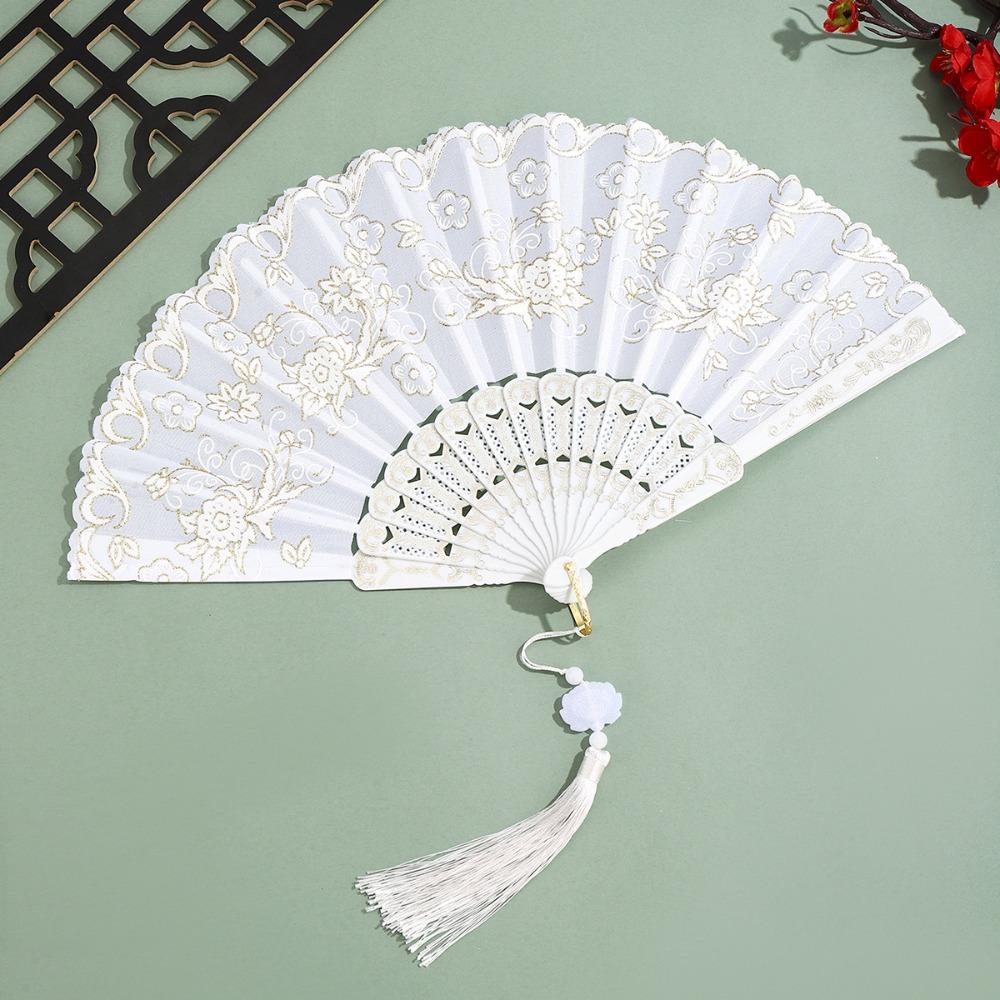 Portable Vintage Style Silk Hand Fan Floral Pattern Decorative Folding Fan with Tassel Handmade Handheld Fan Wedding Party