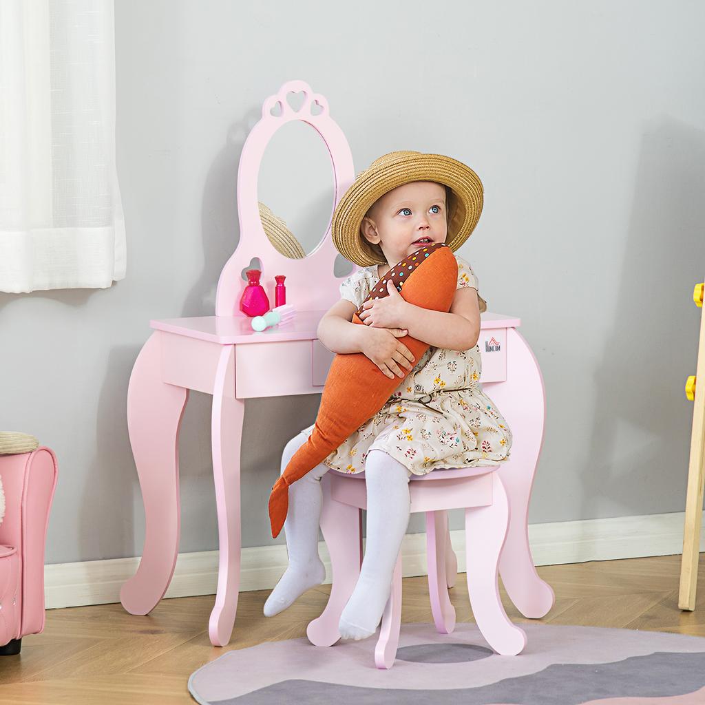 Kids Vanity Table And Stool Girls Dressing Set Make Up Desk Chair Dresser Play Set With Mirror Pink