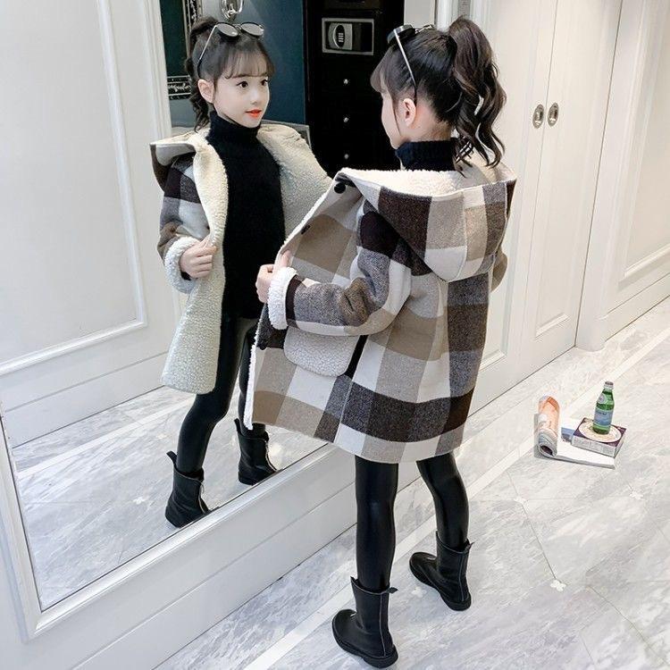 Woolen Coat Winter Fleece Middle and Big Children's Plaid Winter Clothes